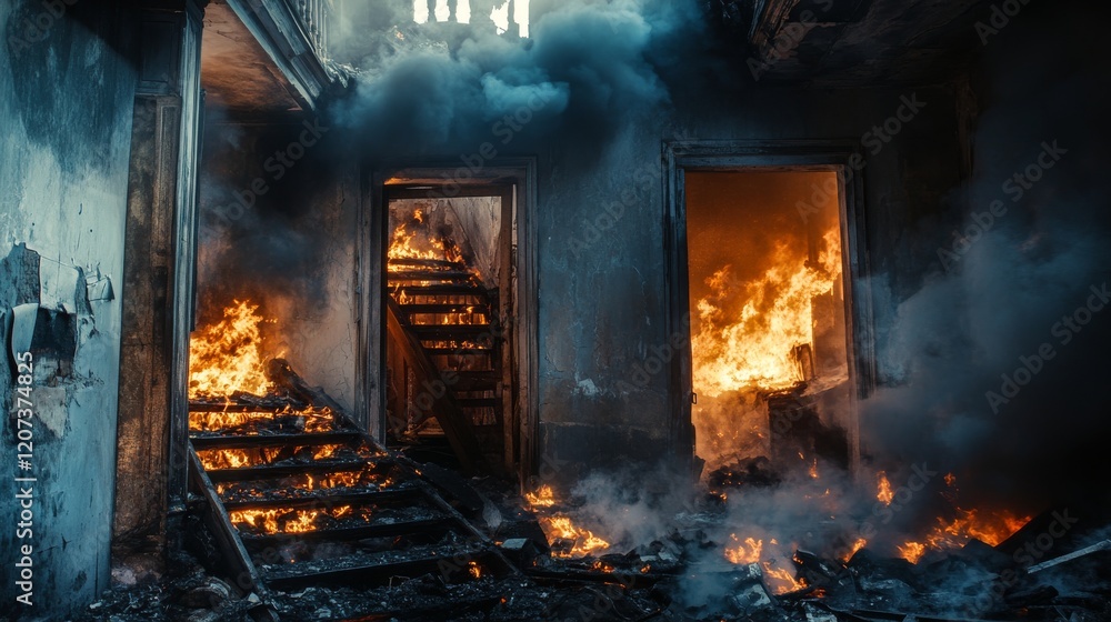 Old abandoned house on fire. Flame and black smoke clouds inside home. Vector cartoon interior of burning home hallway with dirty walls, boarded up door, garbage, broken wooden staircase and floor Old abandoned house on fire. Flame and black smoke clouds inside home. Vector cartoon interior of burning home hallway with dirty walls, boarded up door, garbage, broken wooden staircase and floor
