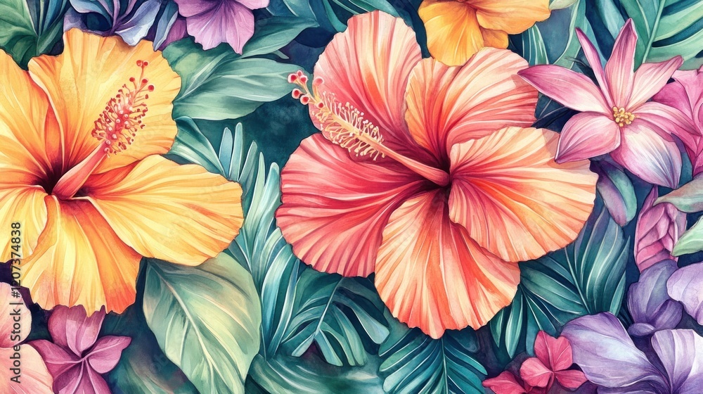 custom made wallpaper toronto digitalVibrant hibiscus floral illustration, tropical leaves, summer design, website banner