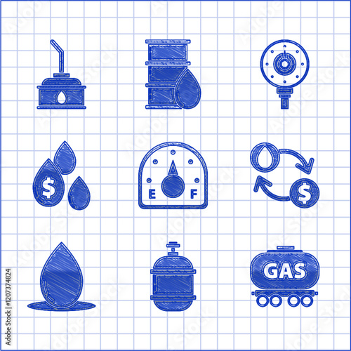 Set Motor gas gauge, Propane tank, Gas railway cistern, Oil exchange, water transfer, convert, drop, with dollar symbol, and Canister for motor machine oil icon. Vector