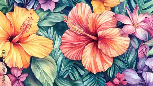 Wallpaper Mural Vibrant hibiscus floral illustration, tropical leaves, summer design, website banner Torontodigital.ca