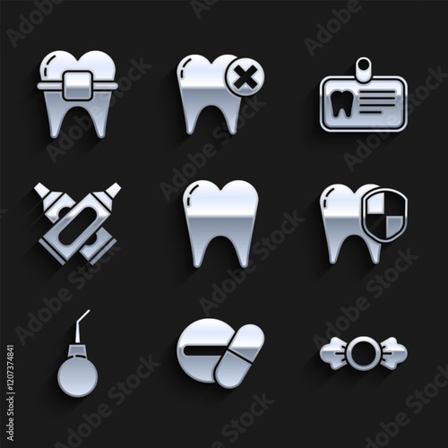 Set Tooth, Medicine pill or tablet, Candy, Dental protection, Enema pear, Crossed tube of toothpaste, Id card with and Teeth braces icon. Vector