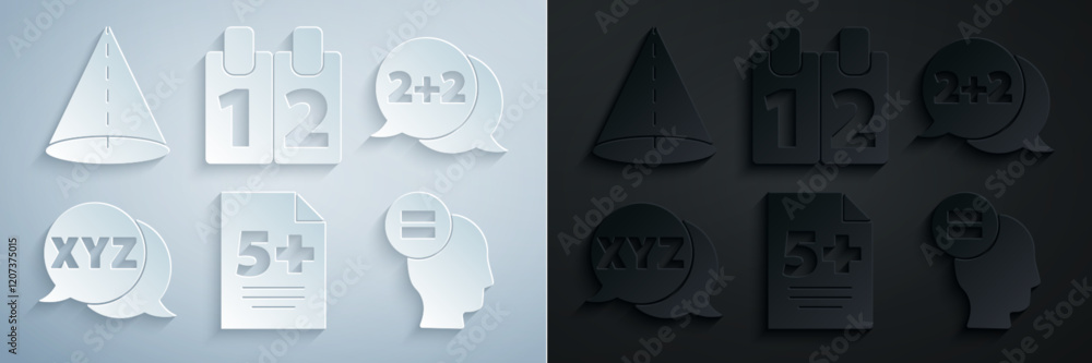 Set Test or exam sheet, Equation solution, XYZ Coordinate system, Calculation, Calendar and Geometric figure Cone icon. Vector Set Test or exam sheet, Equation solution, XYZ Coordinate system, Calculation, Calendar and Geometric figure Cone icon. Vector