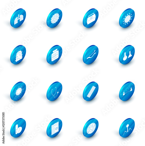 Set Virus, First aid kit, Rabies virus, Medicine bottle and pills, Test tube flask and Ebola disease icon. Vector