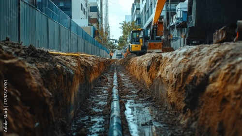 A narrow trench for underground pipeline construction with visible safety equipment and nearby urban infrastructure in a modern Australian city, captured in 4K resolution