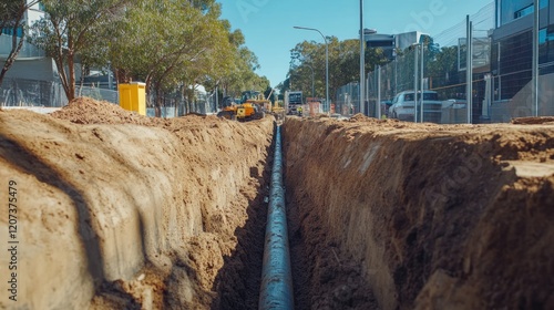 A narrow trench for underground pipeline construction with visible safety equipment and nearby urban infrastructure in a modern Australian city, captured in 4K resolution