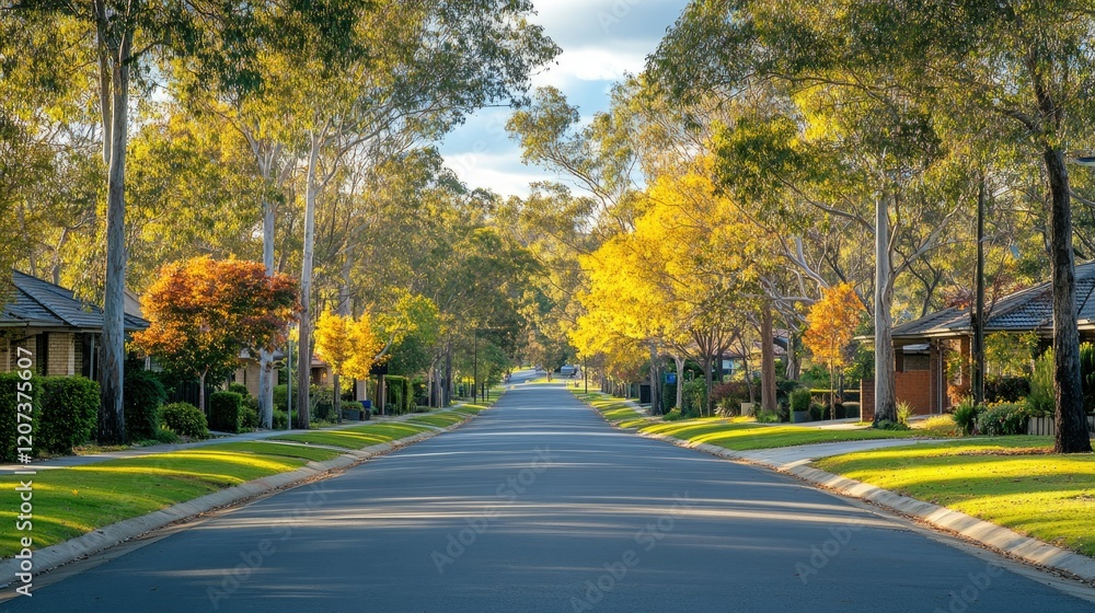 Serene Autumnal Street Scene: Picturesque Residential Road Serene Autumnal Street Scene: Picturesque Residential Road