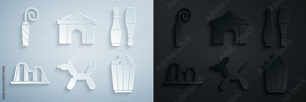 Fototapeta premium Set Balloon dog, Bowling pin, Roller coaster, Popcorn box, Circus tent and Birthday party horn icon. Vector