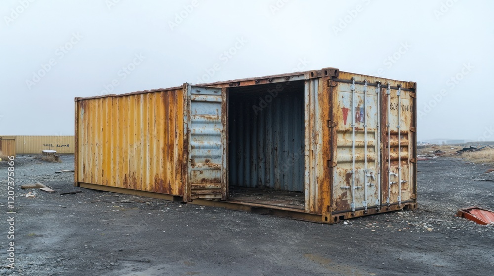 Fototapeta premium A partially open old shipping container with visible rust on its doors, sitting on a dirt road with scattered debris and a gray, overcast sky.