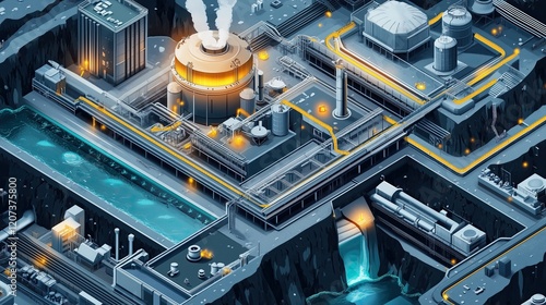 Small modular reactors. Underground SMR facility network, multiple reactors connected, cutaway earth view, infrastructure tunnels, isometric technical illustration style photo