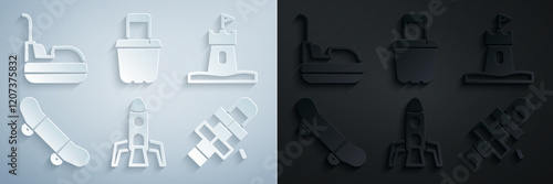 Set Rocket ship, Sand tower, Skateboard trick, Hopscotch, in bucket and Bumper car icon. Vector