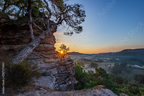 Sunrise above Dahn Rockland seen from Rock Sprinzelfelsen, Dahner Felsenland, Rhineland-Palatinate, Germany, Europe