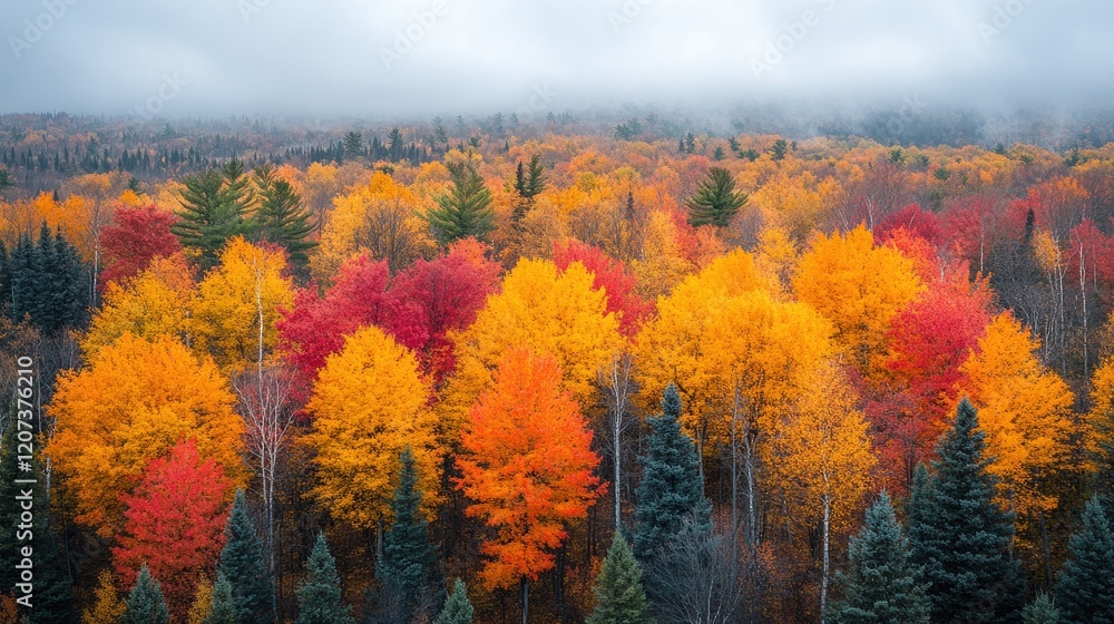 Fototapeta premium Aerial view of autumn forest, misty mountains