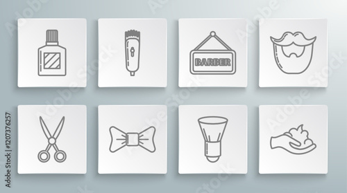 Set line Scissors hairdresser, Electrical clipper shaver, Bow tie, Shaving brush, gel foam on hand, Barbershop, Mustache beard and Aftershave icon. Vector