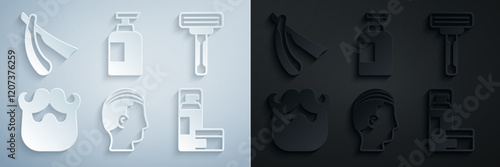 Set Hairstyle for men, Shaving razor, Mustache and beard, gel foam, Bottle of shampoo and Straight icon. Vector