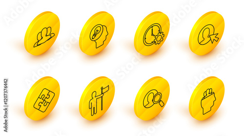 Set line Project team base, Magnifying glass for search people, Man holding flag, Piece of puzzle, User man business suit, Time Management, Human head with lamp bulb and Users group icon. Vector