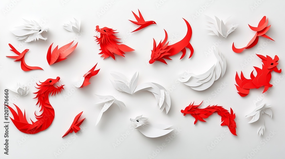 Vibrant Paper Art Displaying Red and White Mythical Creatures in Dynamic Formations with Intricate Layering and Textures for Creative Projects Vibrant Paper Art Displaying Red and White Mythical Creatures in Dynamic Formations with Intricate Layering and Textures for Creative Projects