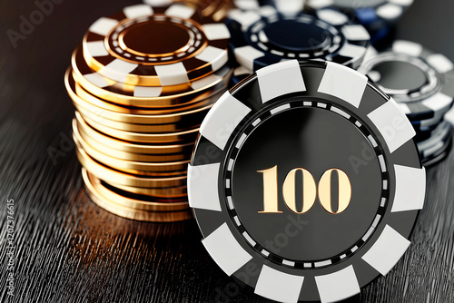 Casino Chips: One Hundred Value Chip with Stacks of Gold and Black Chips