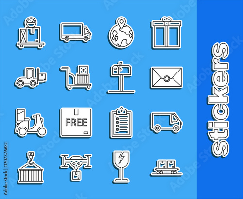 Set line Railway carriage, Delivery cargo truck vehicle, Envelope, Worldwide, Electric hand and boxes, Forklift, Scale with cardboard and Open mail icon. Vector