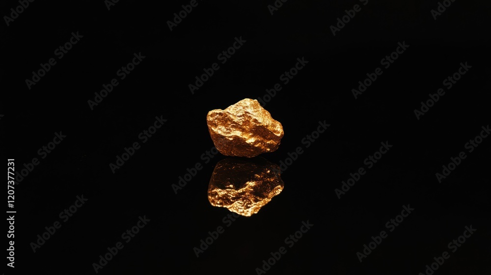 A single gold nugget with a raw, natural shape, placed on a black reflective surface, creating a luxurious and high-value aesthetic. A single gold nugget with a raw, natural shape, placed on a black reflective surface, creating a luxurious and high-value aesthetic.
