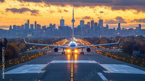 Airplane takeoff, Toronto skyline sunrise