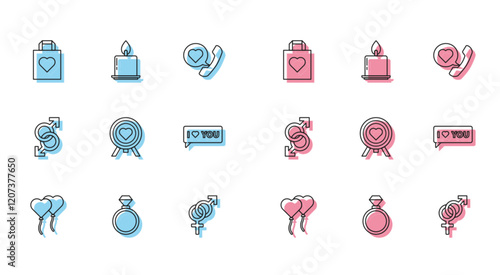 Set line Balloons in form of heart, Wedding rings, Shopping bag with, Gender, Heart the center darts target aim, Speech bubble I love you, Male gender symbol and Burning candle icon. Vector