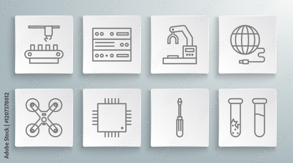 Set line Drone flying, Web Hosting, Processor with microcircuits CPU, Screwdriver, Test tube and flask, Robotic robot arm hand factory, Social network and Factory conveyor system belt icon. Vector Set line Drone flying, Web Hosting, Processor with microcircuits CPU, Screwdriver, Test tube and flask, Robotic robot arm hand factory, Social network and Factory conveyor system belt icon. Vector