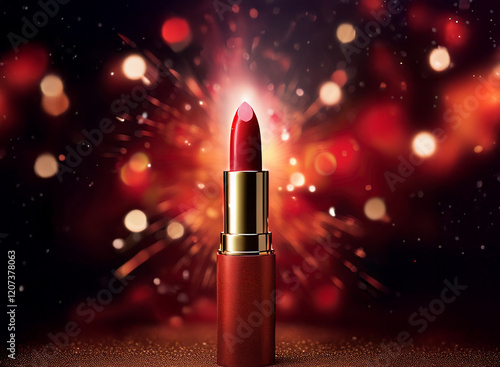 A single tube of vibrant red lipstick stands against a backdrop of sparkling red and gold bokeh, creating a glamorous and festive feel.  The lipstick's rich color contrasts beautifully with the glitte photo