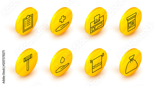 Set line Garbage bag, Towel on hanger, Washing hands with soap, Shaving razor, Medicine bottle, Wet wipe pack, Cross hospital medical and Clipboard checklist icon. Vector