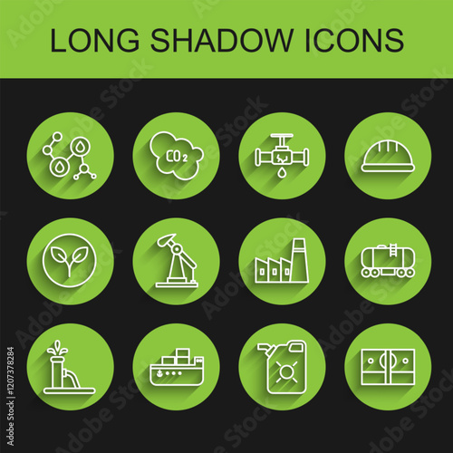Set line Oil pump or pump jack, tanker ship, Molecule oil, Canister for motor, Stacks paper money cash, railway cistern and industrial factory building icon. Vector