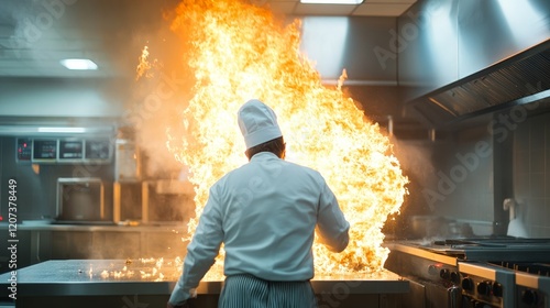 Chef in Kitchen Reacting to Large Fire Burst from Cooking Equipment, Displaying Culinary Emergency and Safety Procedures in Action