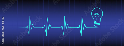 Heart rhythm illustration with lightbulb on blue medical background, heartbeat line vector design to use for healthcare, business, healthy lifestyle, medicine, ekg concept illustration projects. 