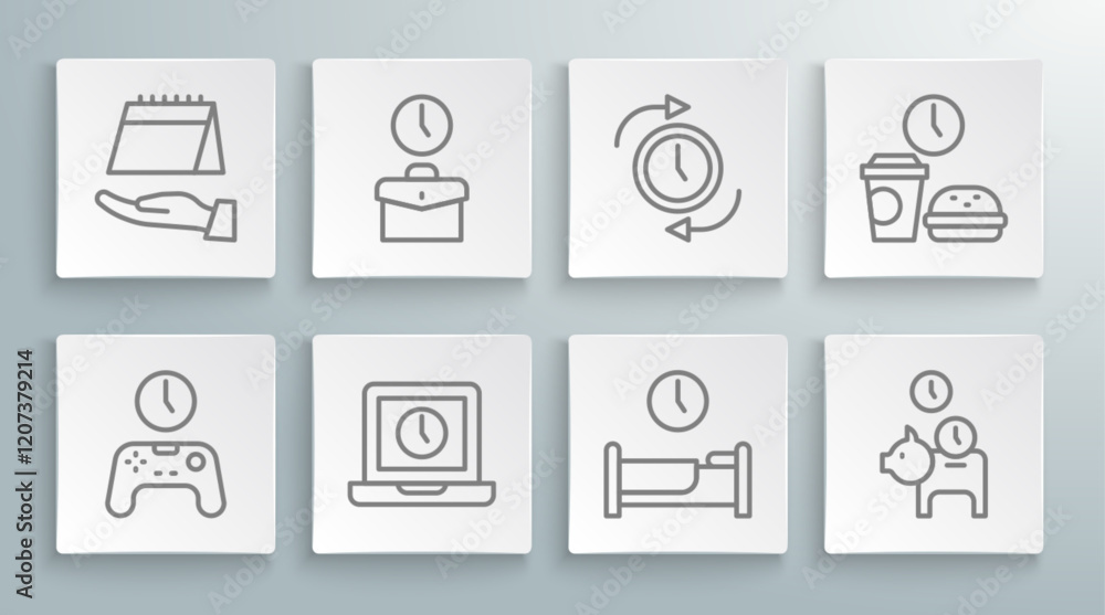 Set line Gamepad of time, Work, Laptop, Time sleep, Piggy bank with coin, Clock arrow, Fast food and Calendar icon. Vector Set line Gamepad of time, Work, Laptop, Time sleep, Piggy bank with coin, Clock arrow, Fast food and Calendar icon. Vector