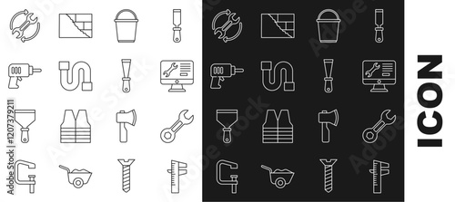 Set line Calliper or caliper and scale, Wrench spanner, Computer monitor service, Bucket, Industry pipe, Electric drill machine, arrows as workflow and Putty knife icon. Vector