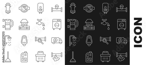 Set line Broken pipe, Plumber service car, Washer, Electric boiler, Water supply pipes, Heated towel rail, filter and tap icon. Vector