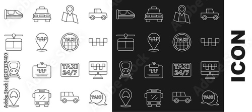 Set line Taxi call telephone service, Computer taxi, car roof, Folded map with location, Location, Cable, High-speed train and icon. Vector