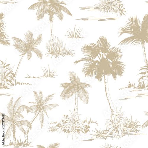 Seamless pattern with palm trees and leaves. Toile de Jouy style. Hand drawn vector illustration.