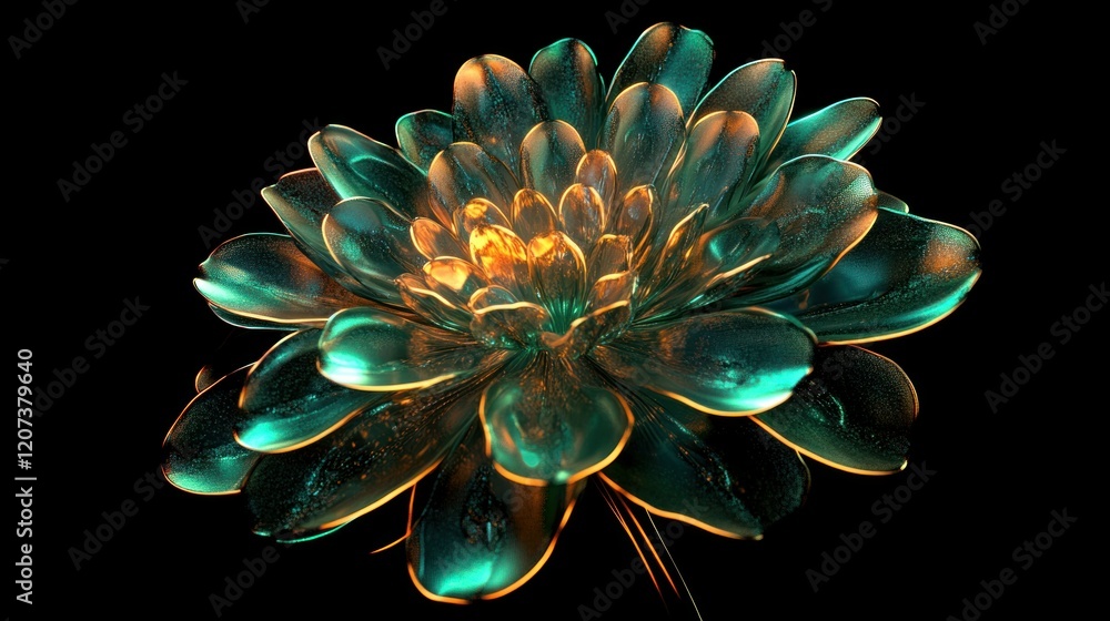 A vibrant neon flower with glowing green and gold petals, radiating a natural yet futuristic energy on a sleek black background