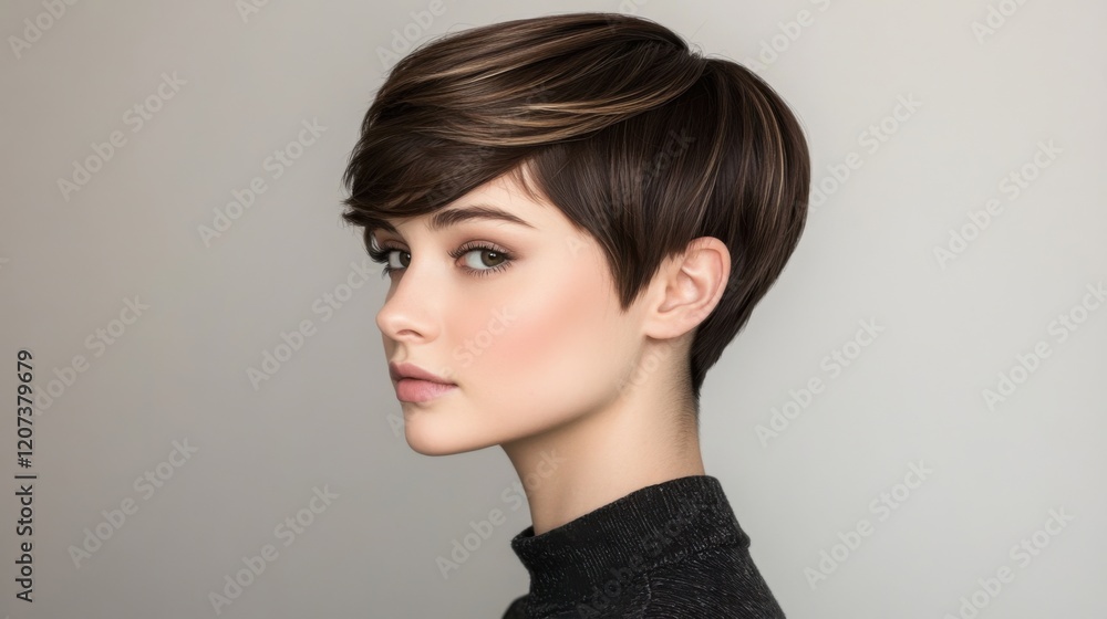 A short hairstyle for round faces with side-swept layers and volume on top, creating a slimming and elegant effect A short hairstyle for round faces with side-swept layers and volume on top, creating a slimming and elegant effect