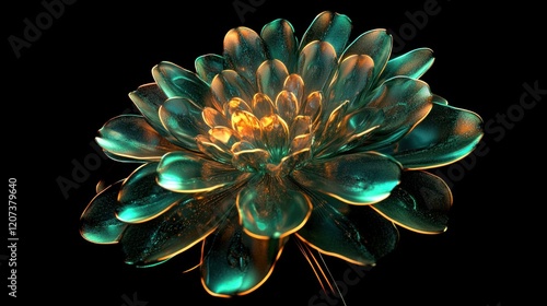 Obraz na płótnie A vibrant neon flower with glowing green and gold petals, radiating a natural yet futuristic energy on a sleek black background w salonie