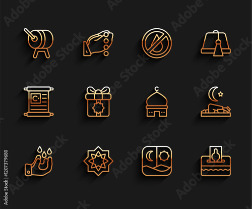 Set line Wudhu, Octagonal star, Ramadan drum, fasting, Donate or pay your zakat, Gift box, Muslim man prays and Mosque icon. Vector