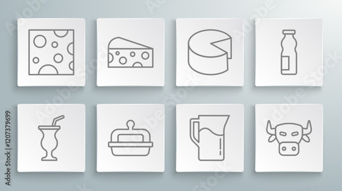 Set line Milkshake, Cheese, Butter in butter dish, jug or pitcher, Cow head, Drinking yogurt bottle and icon. Vector