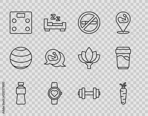 Set line Bottle of water, Carrot, No Smoking, Smart watch, Bathroom scales, Bodybuilder muscle, Dumbbell and Glass with icon. Vector