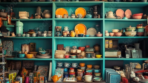 Wallpaper Mural A vibrant retail store interior with neatly organized shelves displaying an assortment of miscellaneous goods, from vintage collectibles to trendy decor items, in natural lighting. Torontodigital.ca