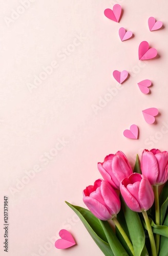 Wallpaper Mural Delicate pink tulips in the corner, a frame of red hearts. There is an empty space in the middle for the text. A mock-up of a postcard for International Women's Day Torontodigital.ca