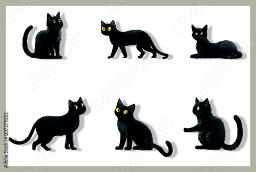 Black cat illustration set isolated on white background