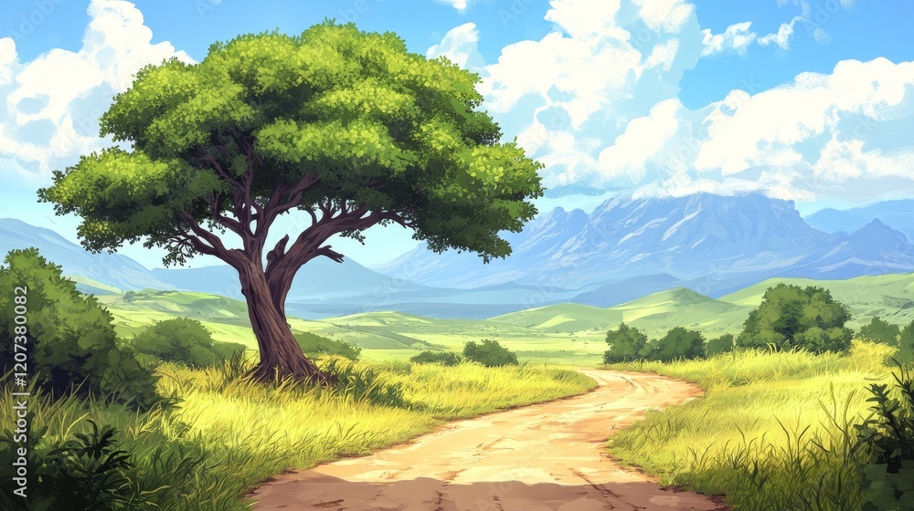 Savannah with acacia tree, green grass, bushes, road and mountains on horizon. Concept of travel, safari trip. Vector cartoon illustration of african savanna landscape Savannah with acacia tree, green grass, bushes, road and mountains on horizon. Concept of travel, safari trip. Vector cartoon illustration of african savanna landscape