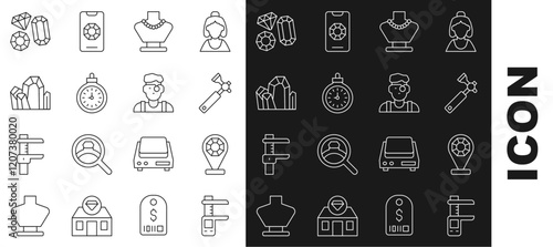 Set line Calliper or caliper and scale, Jewelry store, Jewelers lupe, Necklace on mannequin, Pocket watch, Gem stone, and icon. Vector
