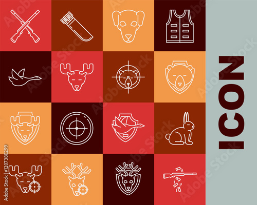 Set line Gun shooting, Rabbit, Bear head on shield, Hunting dog, Moose with horns, Flying duck, Two crossed shotguns and bear crosshairs icon. Vector