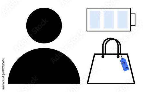 Black silhouette human figure, battery indicator, and shopping bag with price tag. Ideal for ecommerce, consumer behavior, shopping habits, energy levels, retail strategy, purchasing power and user