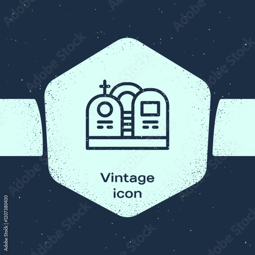 Grunge line Grave with tombstone icon isolated on blue background. Monochrome vintage drawing. Vector